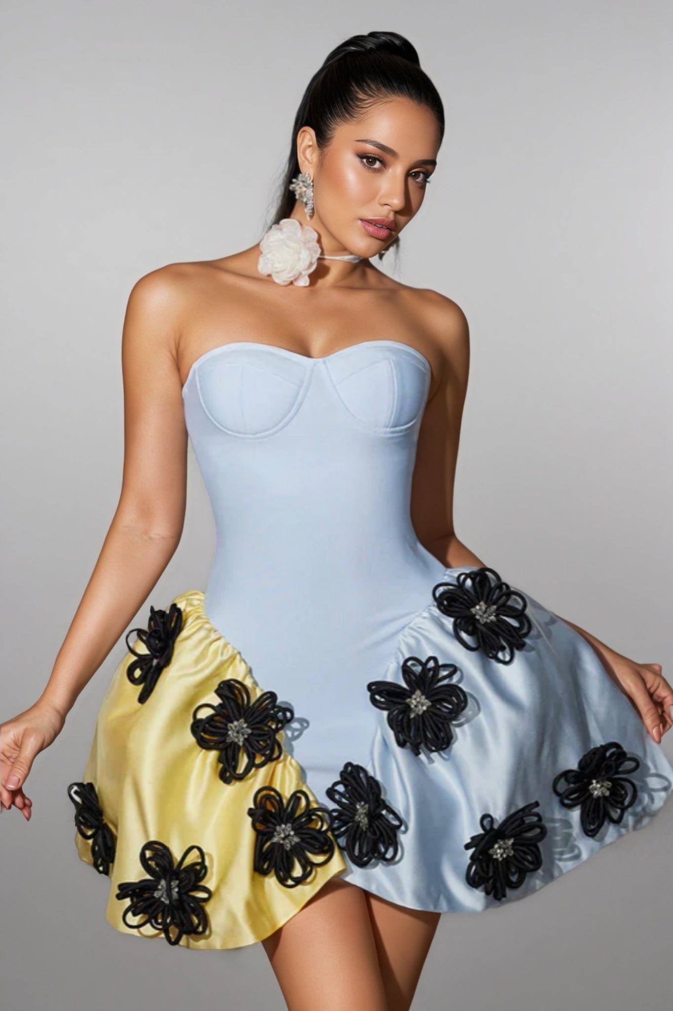 Roland Strapless Flower Bandage Mini Dress