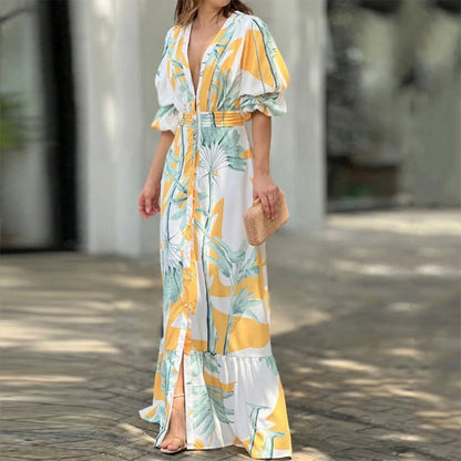 Tropical Palm Print Plunging V-Neck Puff Sleeve Button-Front Maxi Dress