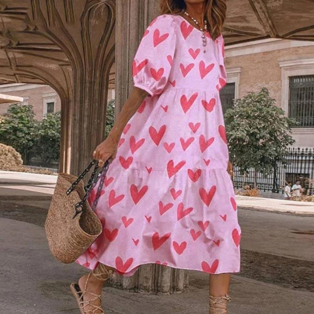 Ditsy Dot Print Puff Sleeve Round Neck Tiered Midi Dress