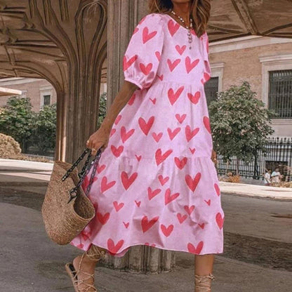 Ditsy Dot Print Puff Sleeve Round Neck Tiered Midi Dress