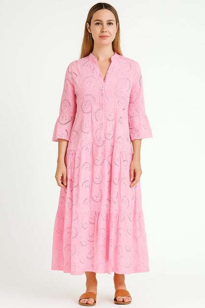 V Neck Flares Sleeve Embroidery Cotton Dress
