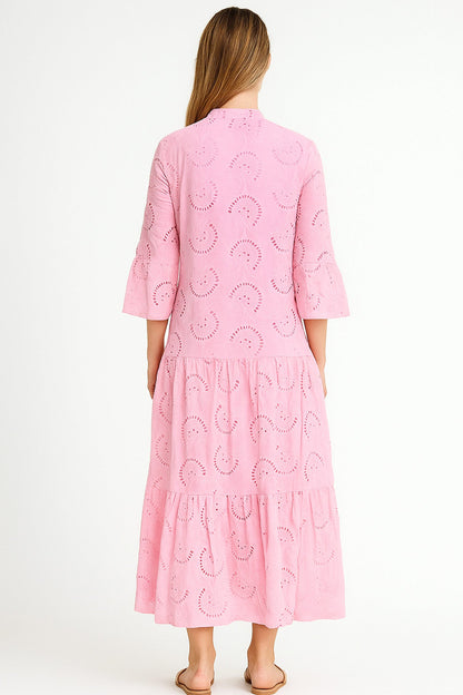 V Neck Flares Sleeve Embroidery Cotton Dress