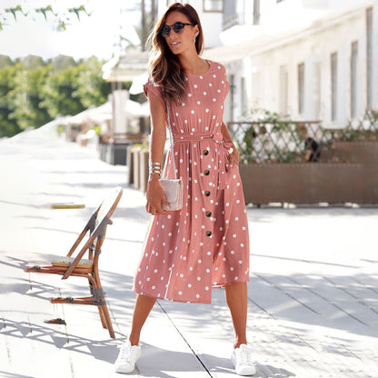 Polka Dot Tie-Waist Button Front Pocket Midi Dress