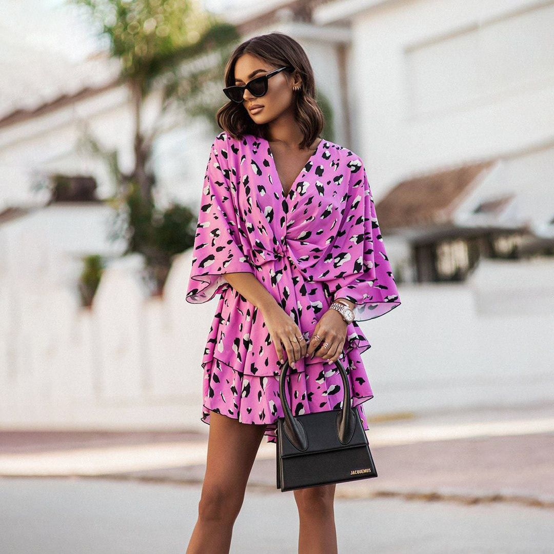 Tropical Floral Plunge V-Neck Twist Front Kimono Sleeve Tiered Mini Dress