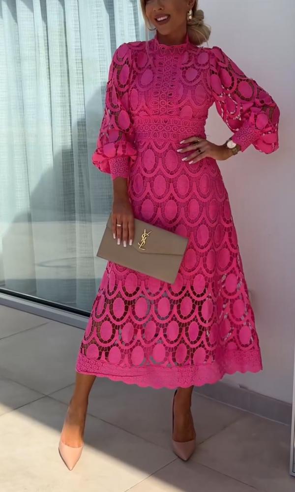 Guipure Lace Mock Neck Puff Sleeve Scalloped Hem A-Line Midi Dress