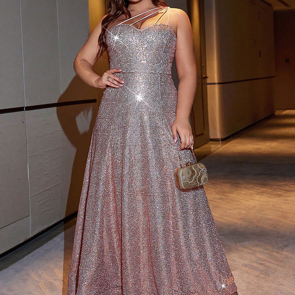 Plus Size Elegant Dress Pink Sequin Large Swing Cocktail Party Dress