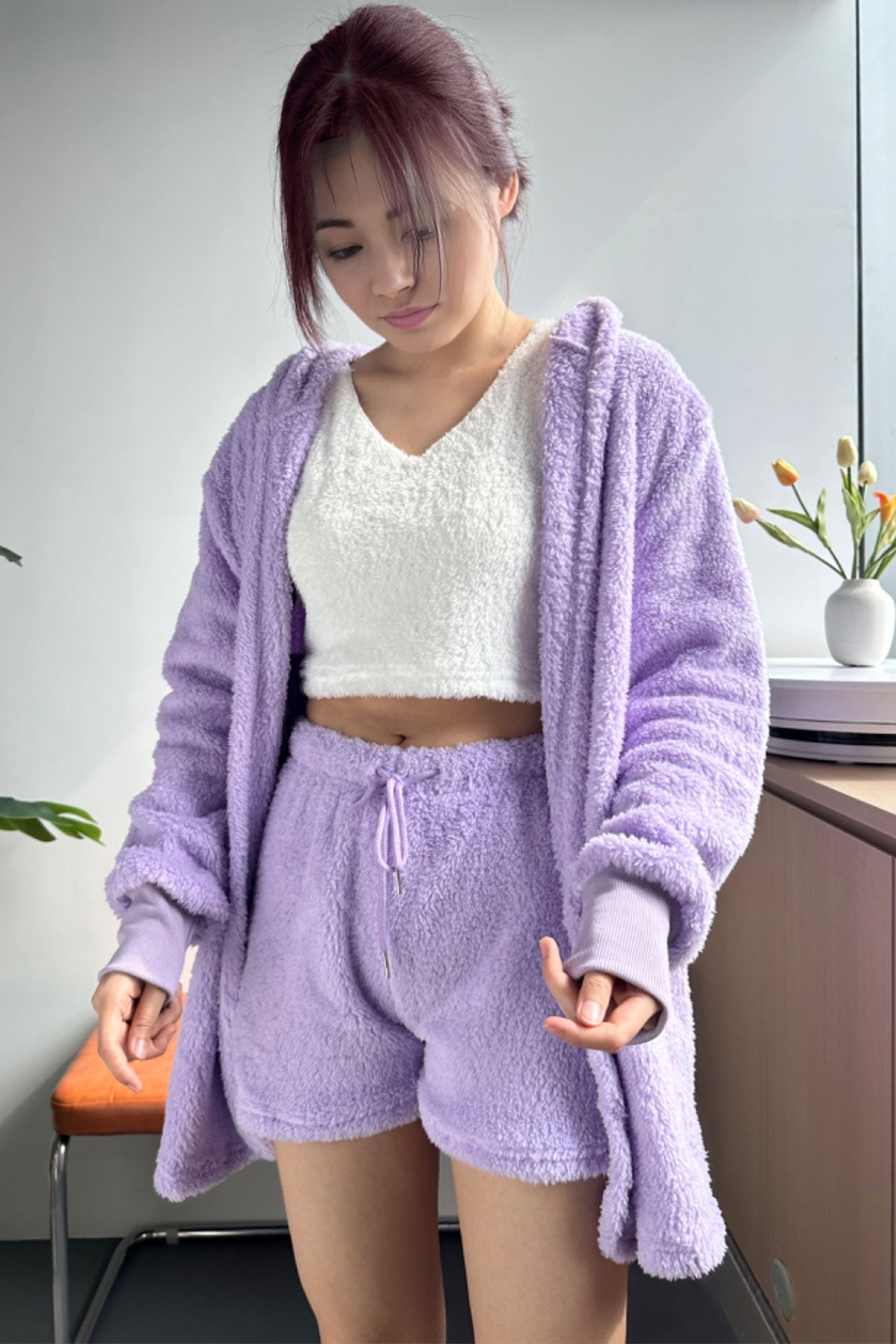 Plush Open-Front Hoodie Vest Three Piece Shorts Set