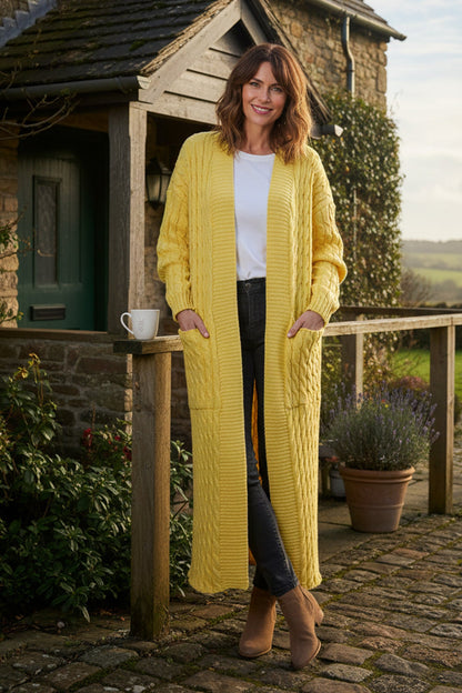 Pocketed Cable Knit Long Cardigan