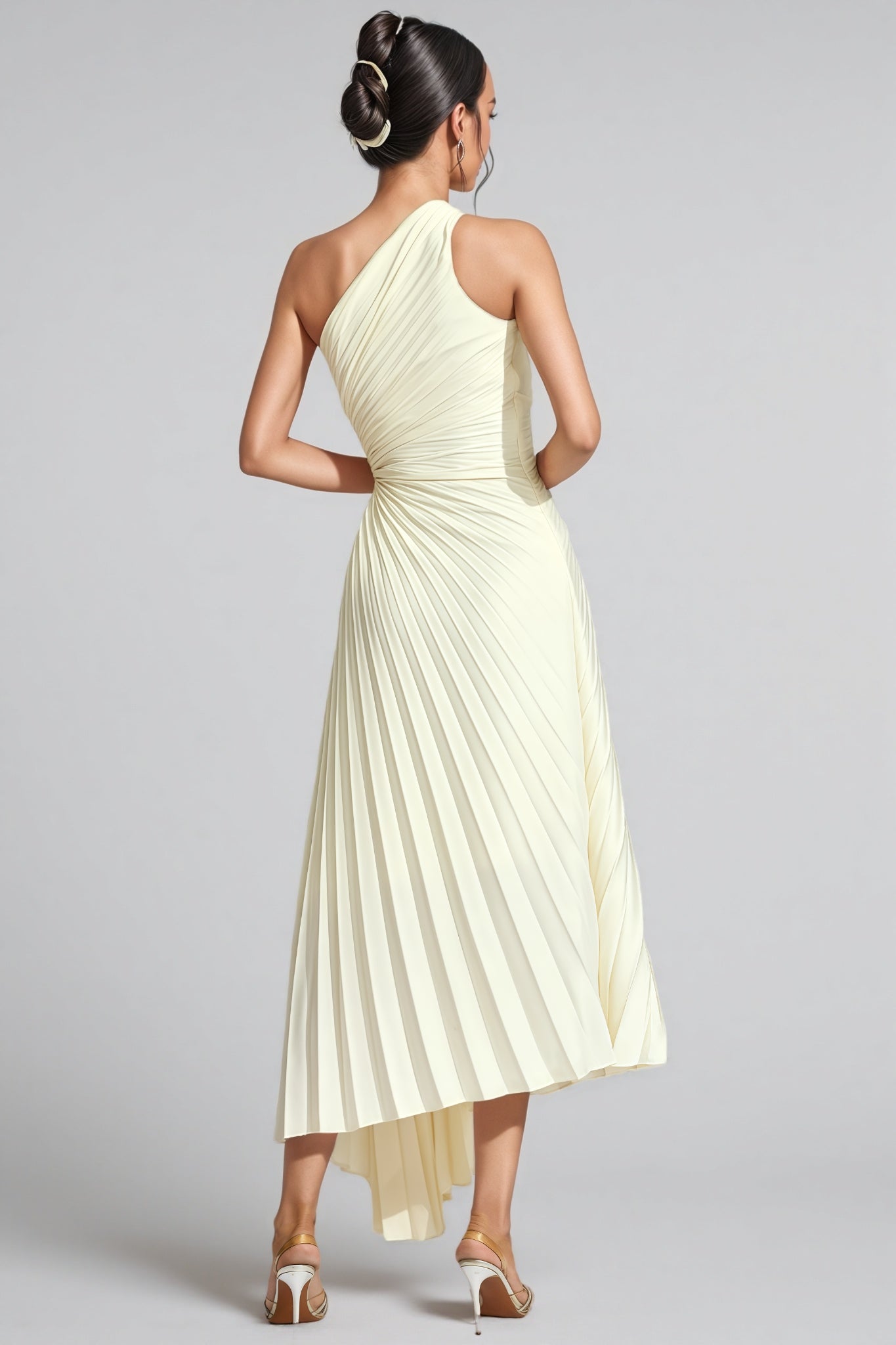 Symons Beige One Shoulder Pleated Maxi Dress