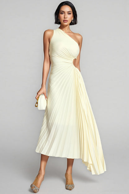 Symons Beige One Shoulder Pleated Maxi Dress