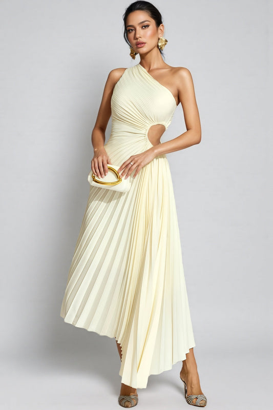 Symons Beige One Shoulder Pleated Maxi Dress