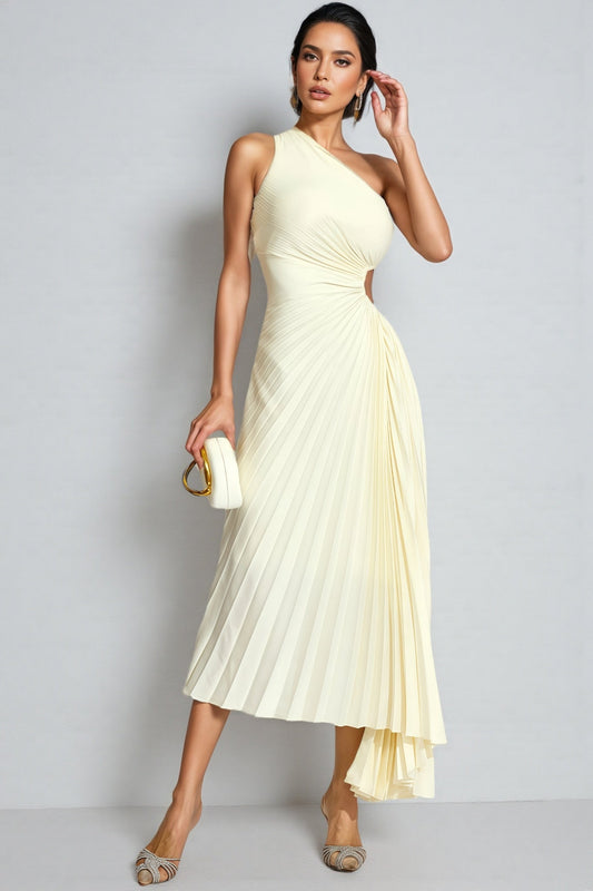 Symons Beige One Shoulder Pleated Maxi Dress