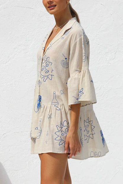 Tropical Print Collar V-Neck Tiered Smock Mini Dress