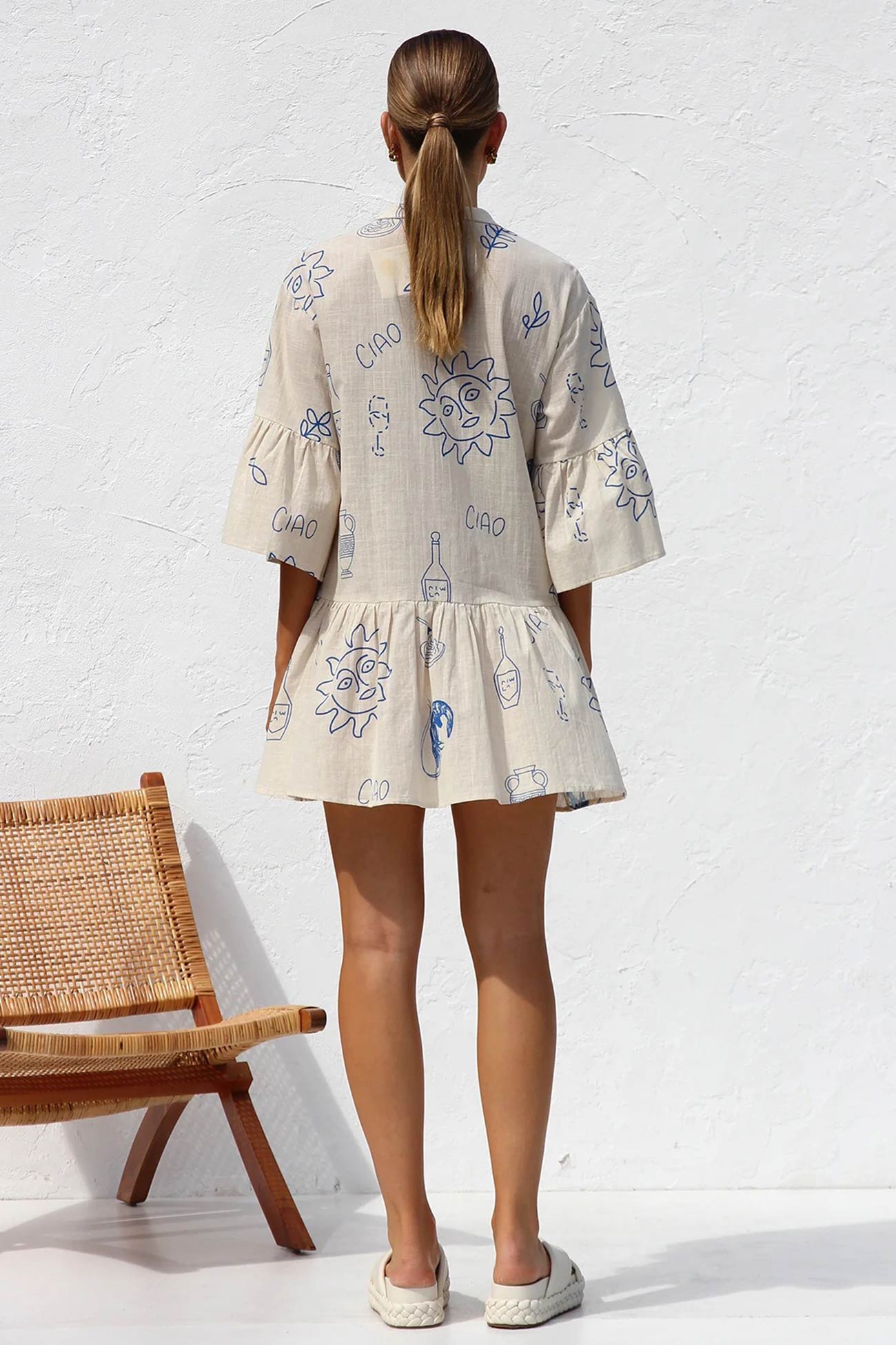 Tropical Print Collar V-Neck Tiered Smock Mini Dress