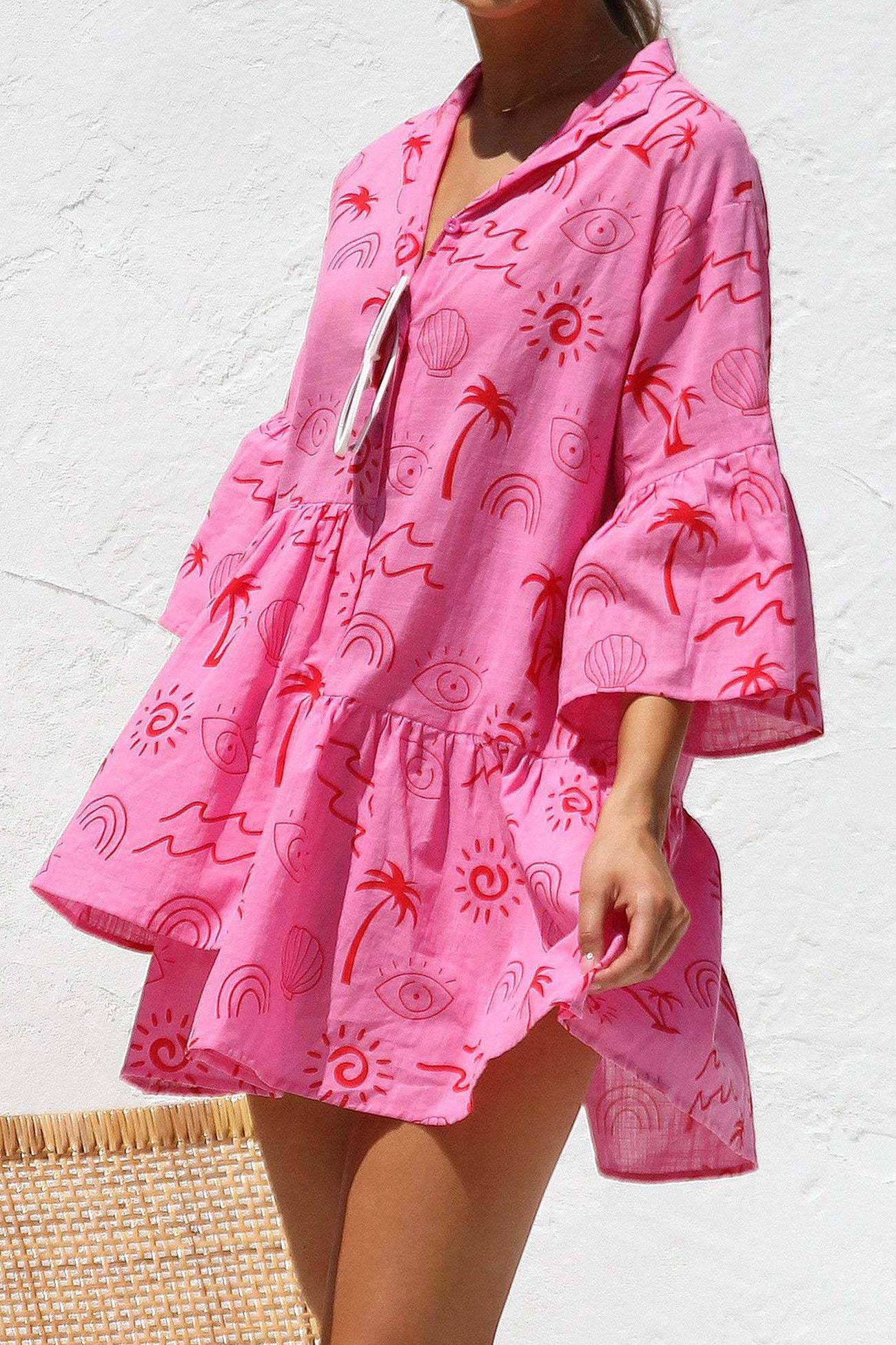 Tropical Print Collar V-Neck Tiered Smock Mini Dress