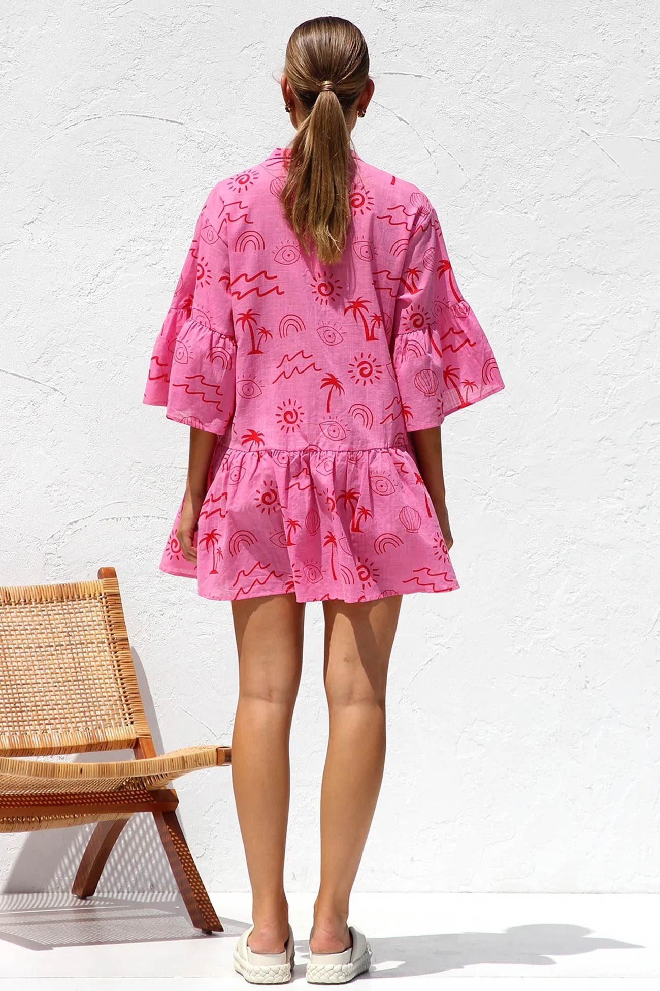 Tropical Print Collar V-Neck Tiered Smock Mini Dress