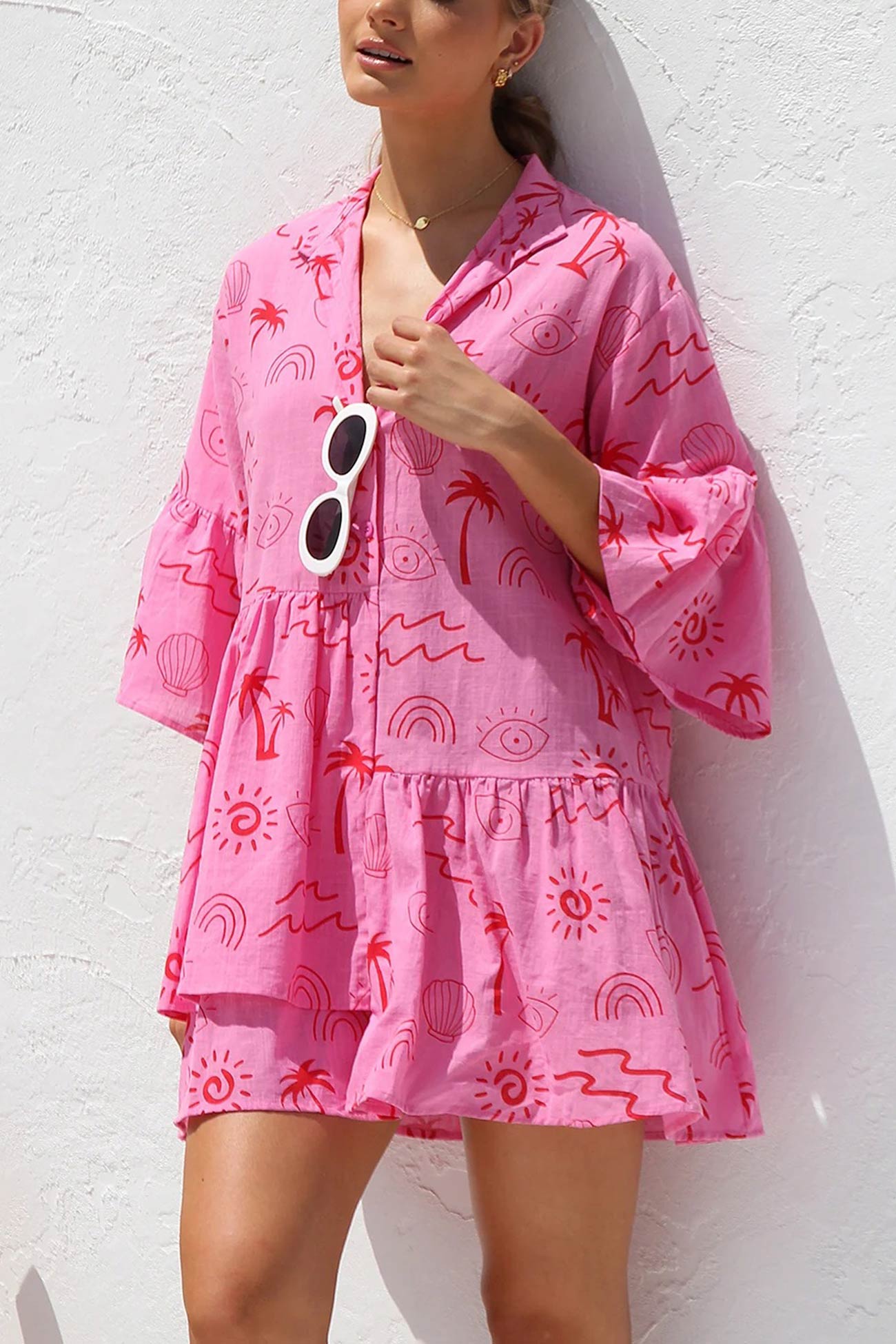 Tropical Print Collar V-Neck Tiered Smock Mini Dress