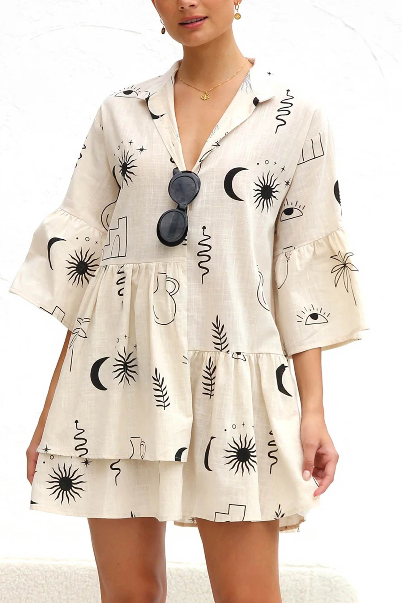Tropical Print Collar V-Neck Tiered Smock Mini Dress