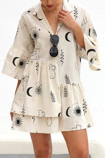 Tropical Print Collar V-Neck Tiered Smock Mini Dress