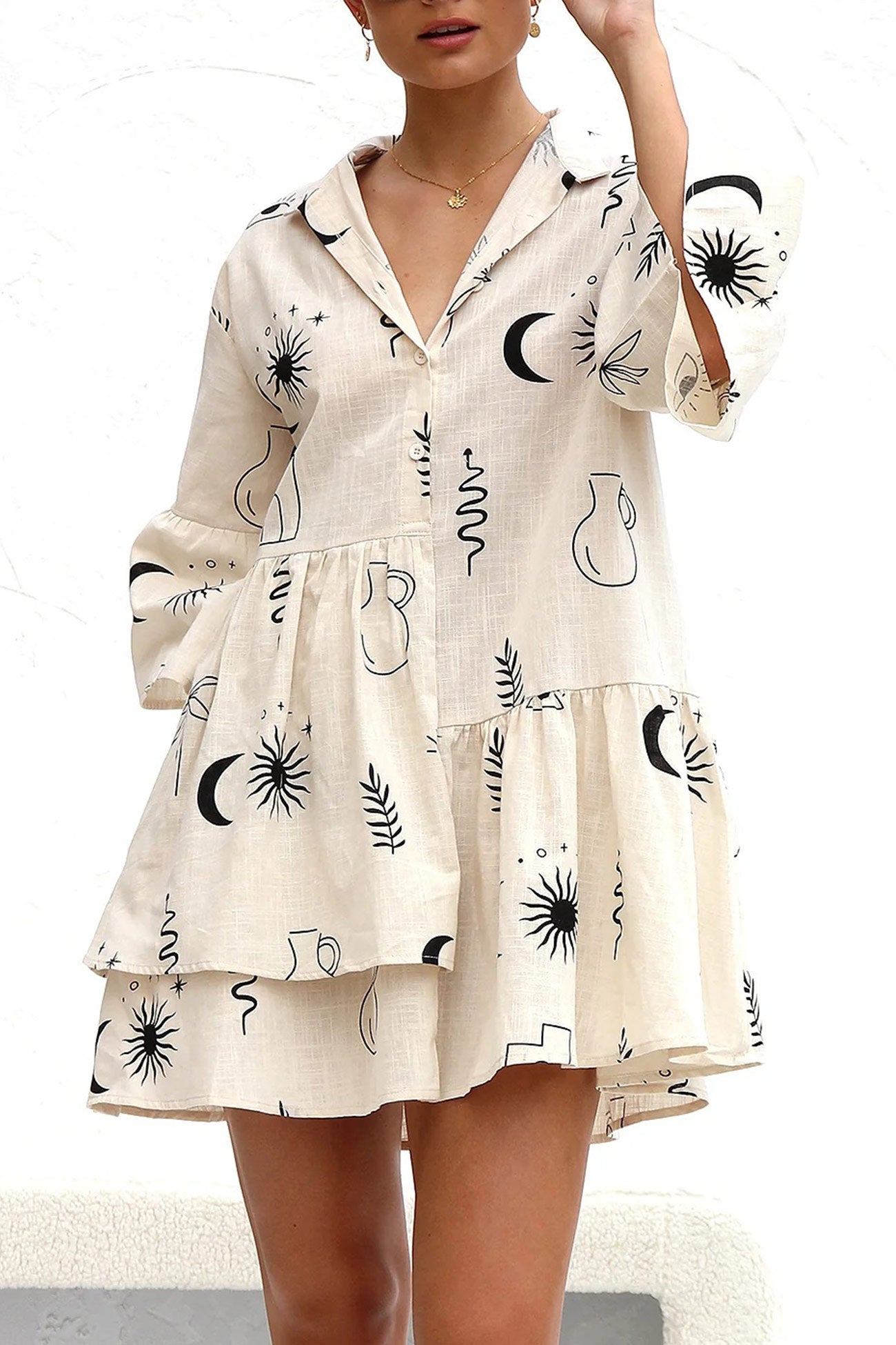 Tropical Print Collar V-Neck Tiered Smock Mini Dress