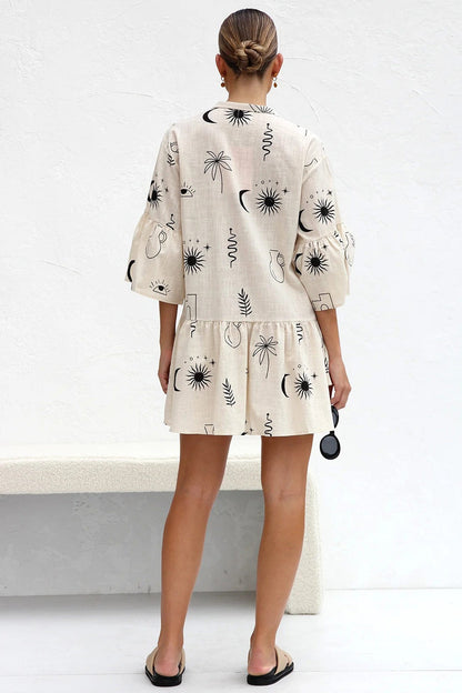 Tropical Print Collar V-Neck Tiered Smock Mini Dress