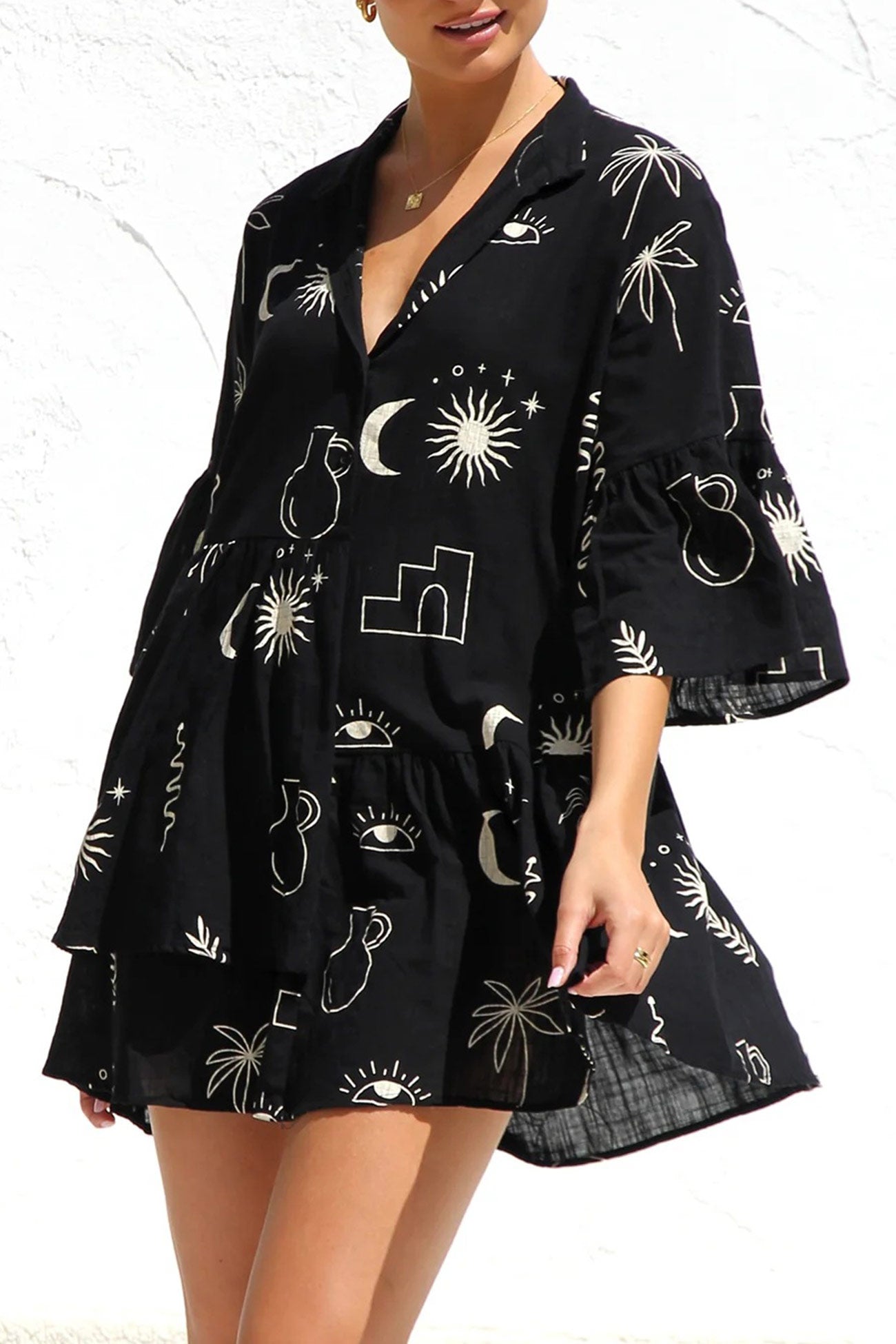 Tropical Print Collar V-Neck Tiered Smock Mini Dress