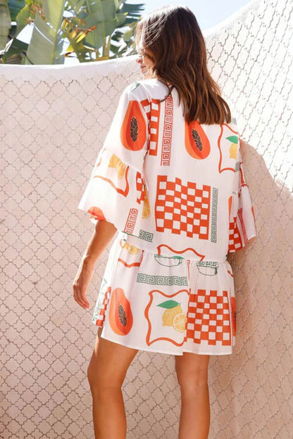 Tropical Print Collar V-Neck Tiered Smock Mini Dress