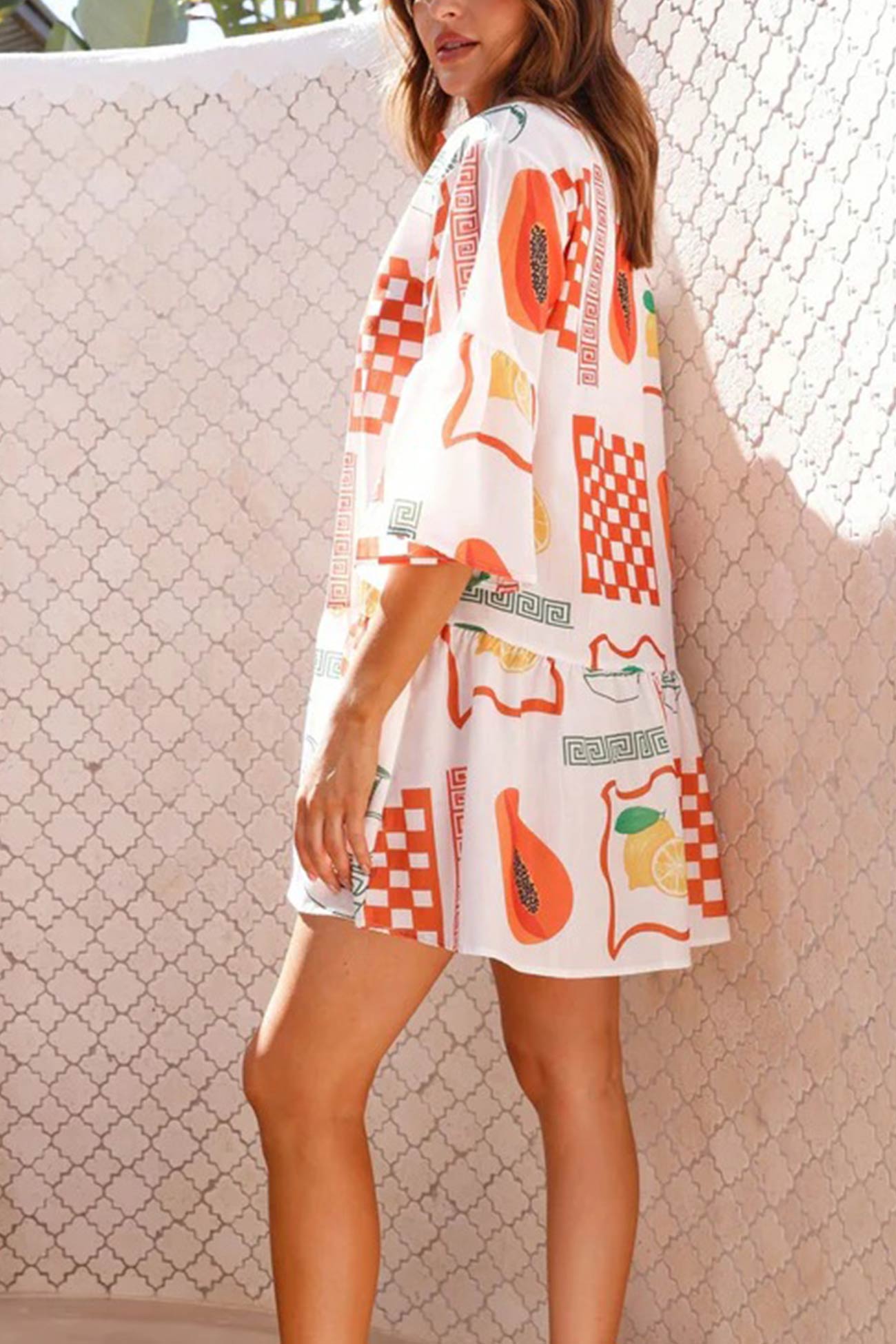 Tropical Print Collar V-Neck Tiered Smock Mini Dress