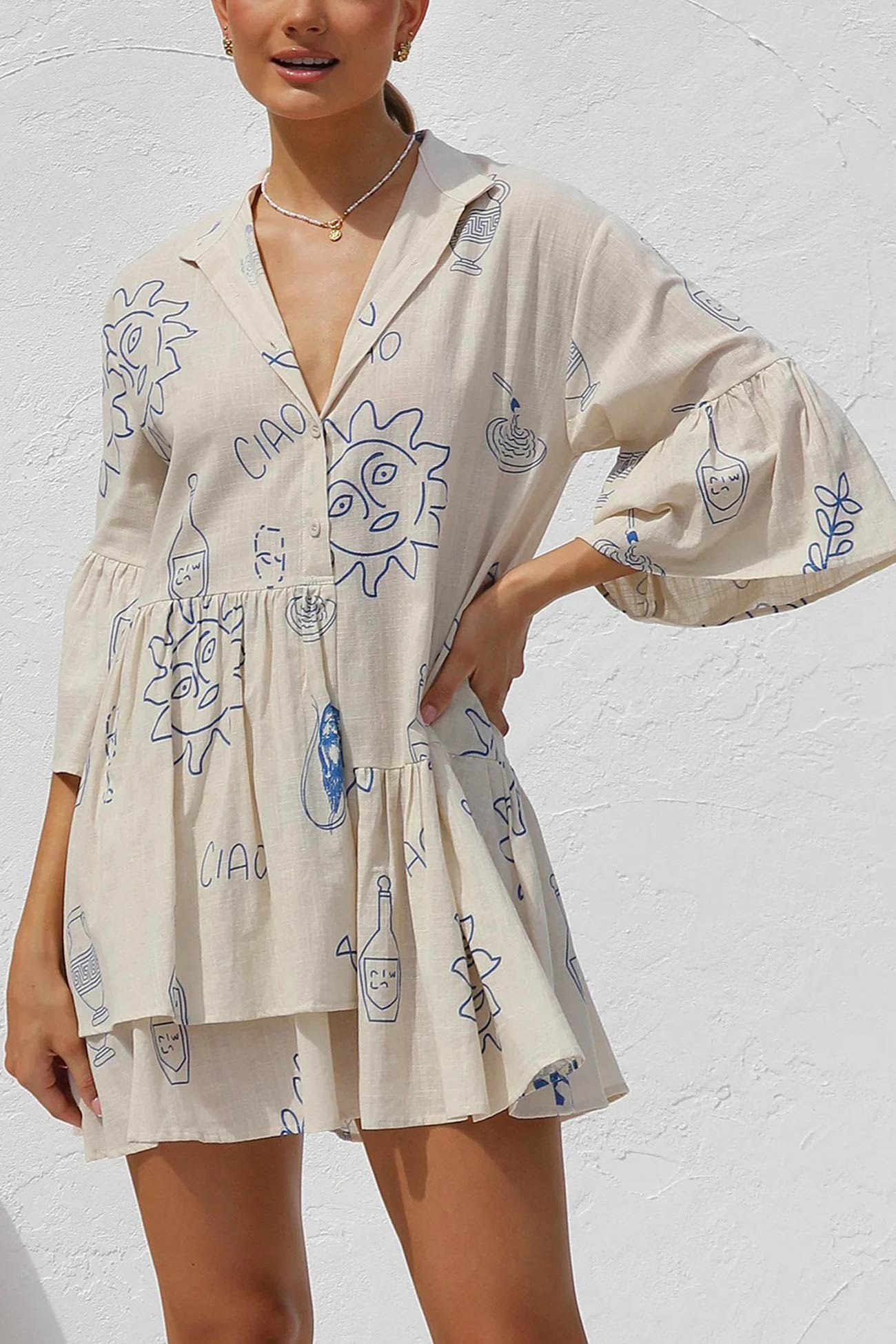 Tropical Print Collar V-Neck Tiered Smock Mini Dress