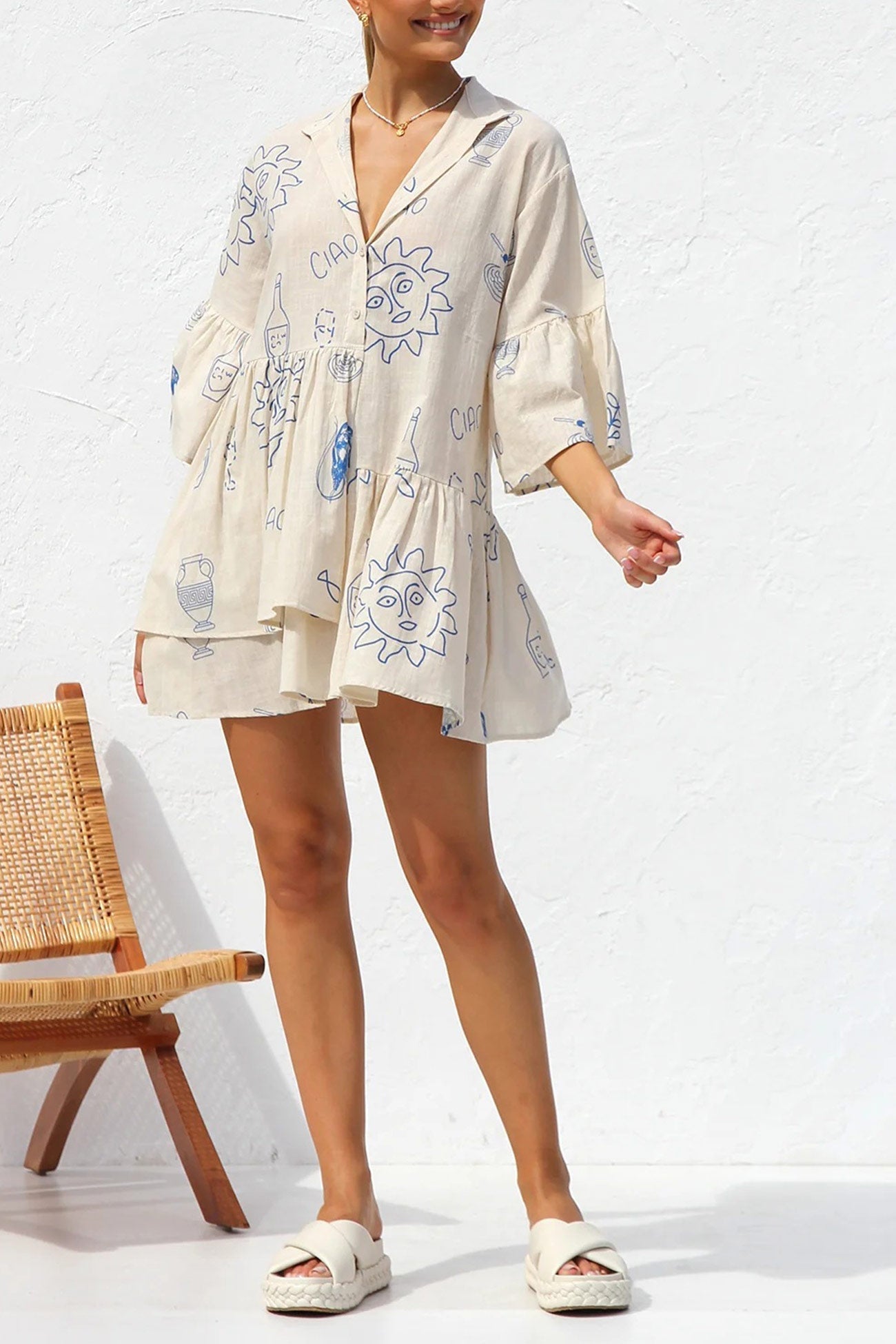 Tropical Print Collar V-Neck Tiered Smock Mini Dress