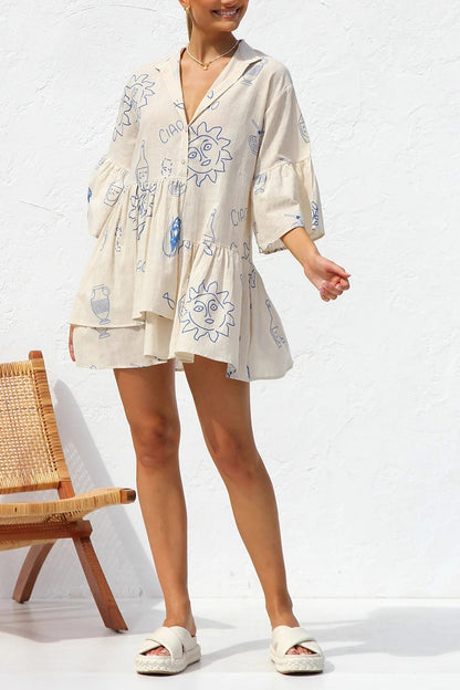 Tropical Print Collar V-Neck Tiered Smock Mini Dress