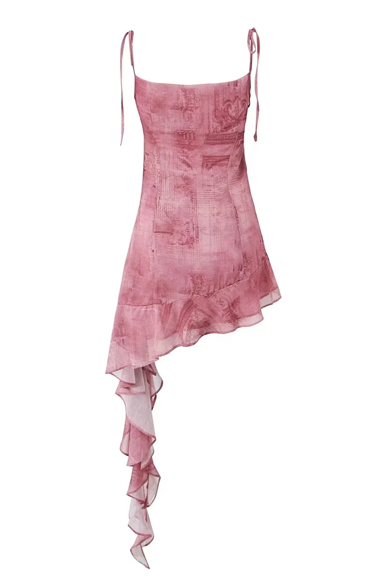 Newspaper Print Tie Shoulder Asymmetrical Tiered Ruffle Mini Dress