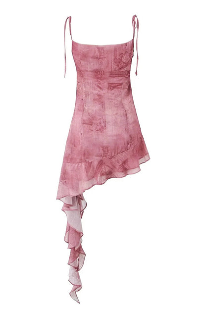Newspaper Print Tie Shoulder Asymmetrical Tiered Ruffle Mini Dress