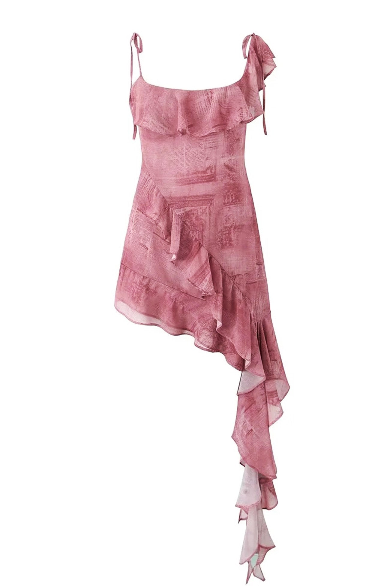 Newspaper Print Tie Shoulder Asymmetrical Tiered Ruffle Mini Dress