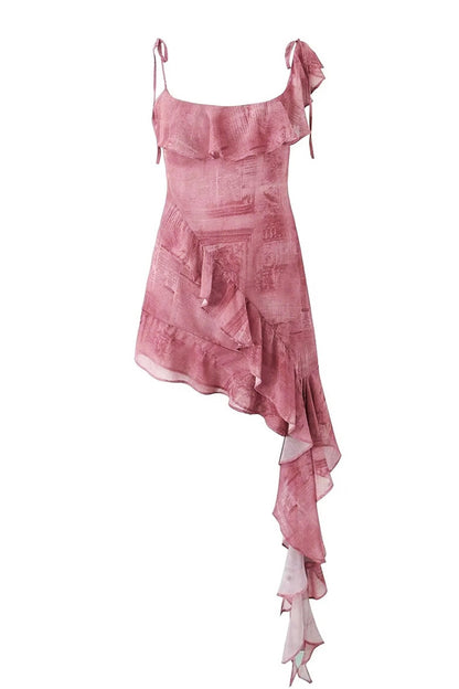 Newspaper Print Tie Shoulder Asymmetrical Tiered Ruffle Mini Dress