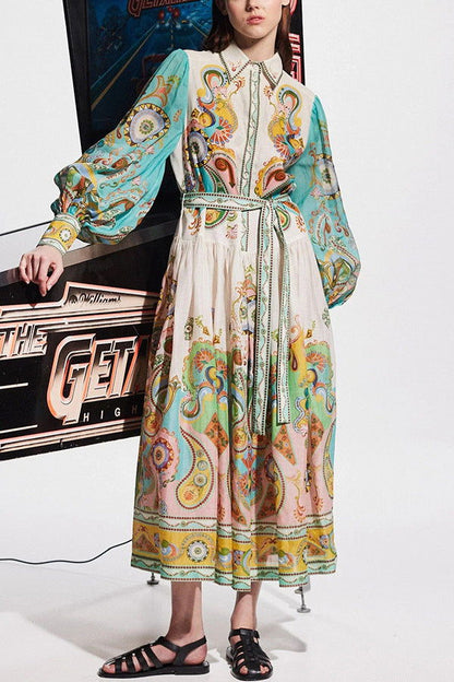 Printing Long Sleeve Puff Sleeve Lace up Large Swing Dress
