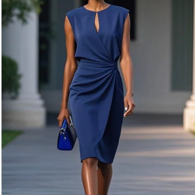 Keyhole Cutout Sleeveless Ruched Waist Draped Wrap Knee Length Dress