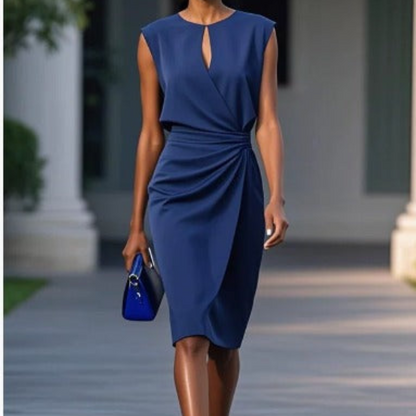 Keyhole Cutout Sleeveless Ruched Waist Draped Wrap Knee Length Dress