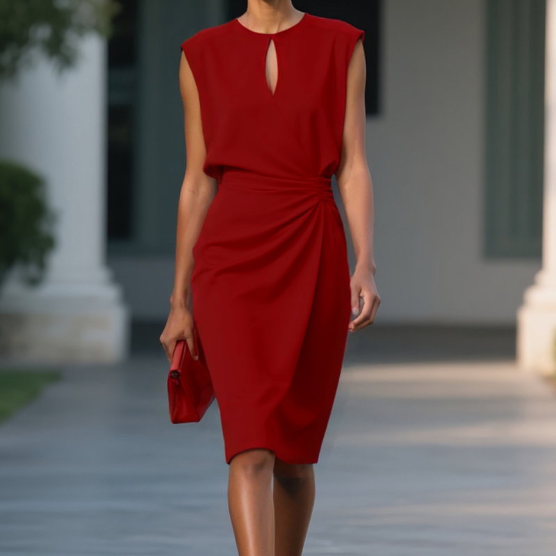 Keyhole Cutout Sleeveless Ruched Waist Draped Wrap Knee Length Dress