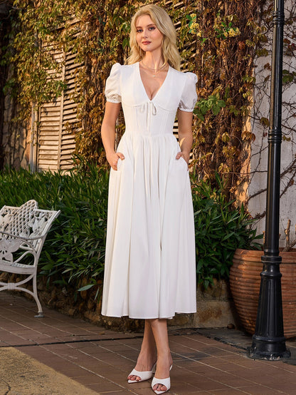 Puff Sleeve V-Neck Pleat Pocket Solid Long Dress