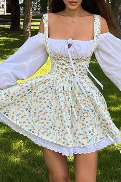 Puff Sleeve Floral Suspender Dress