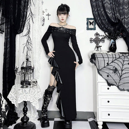 Punk off the Shoulder Dark Slim Fit Slit Dress