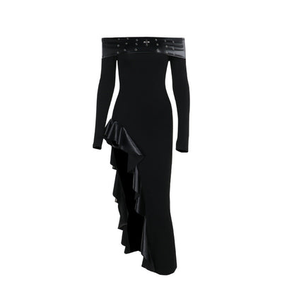 Punk off the Shoulder Dark Slim Fit Slit Dress