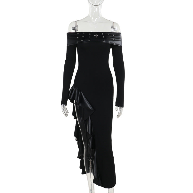 Punk off the Shoulder Dark Slim Fit Slit Dress
