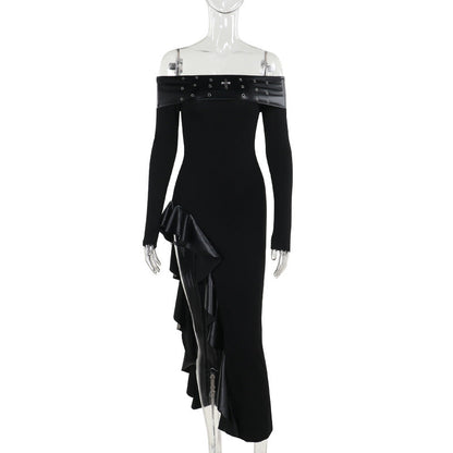 Punk off the Shoulder Dark Slim Fit Slit Dress