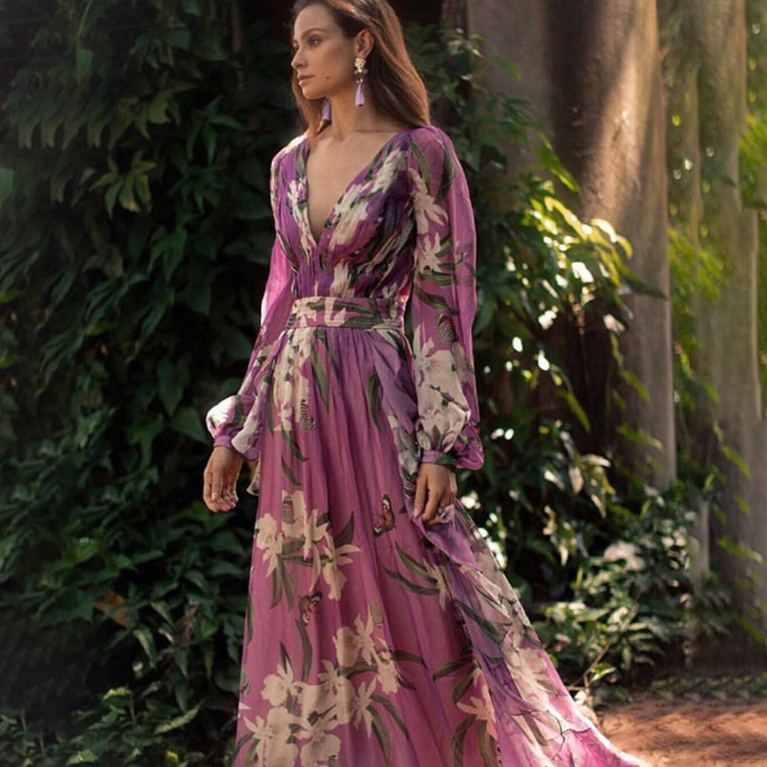 Lily Butterfly Print Plunging V-Neck Bishop Sleeve Belted Maxi Dress