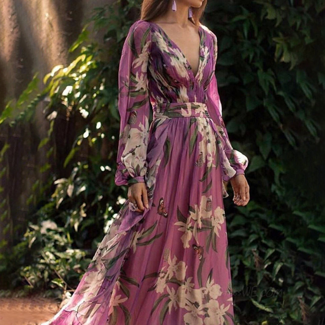 Lily Butterfly Print Plunging V-Neck Bishop Sleeve Belted Maxi Dress