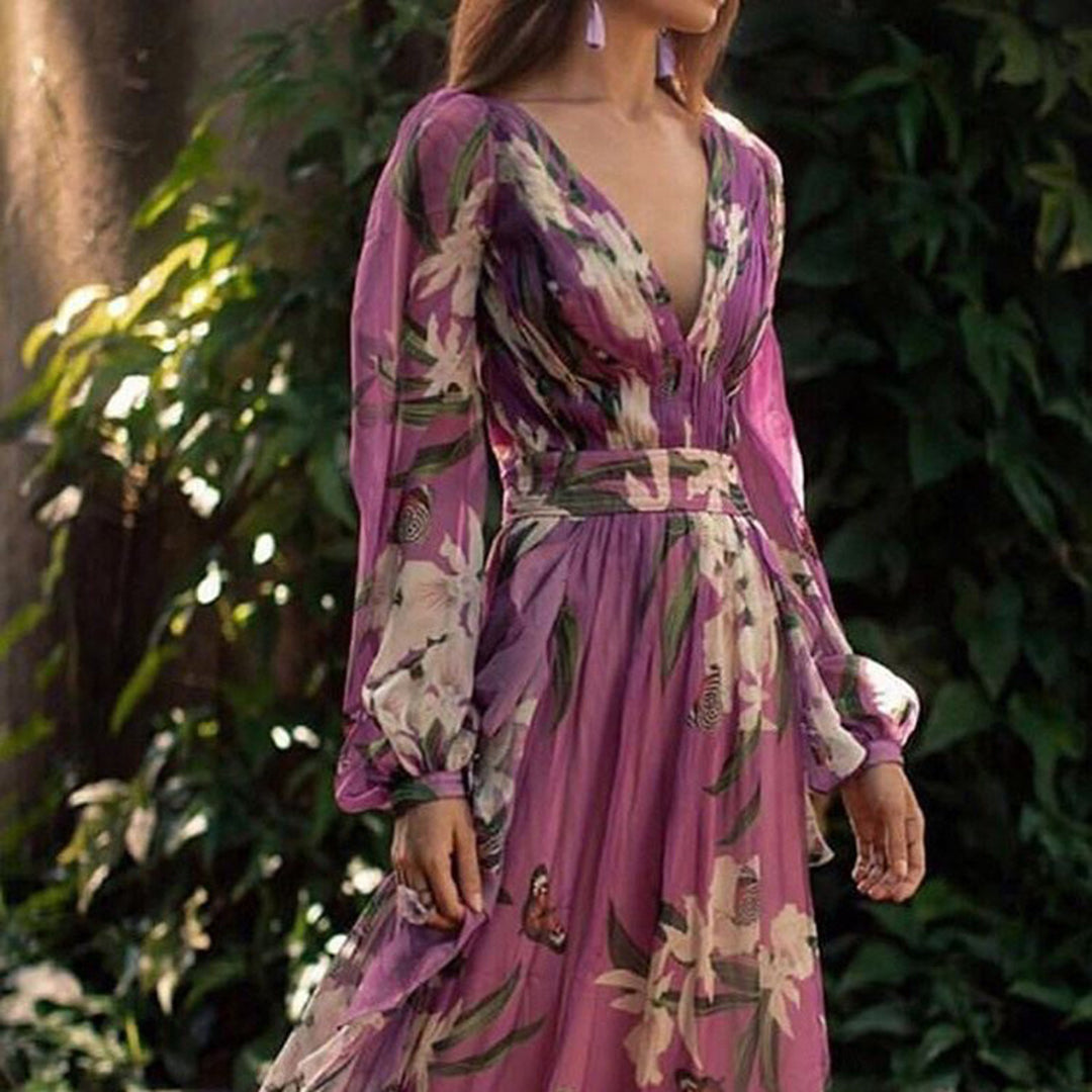 Lily Butterfly Print Plunging V-Neck Bishop Sleeve Belted Maxi Dress