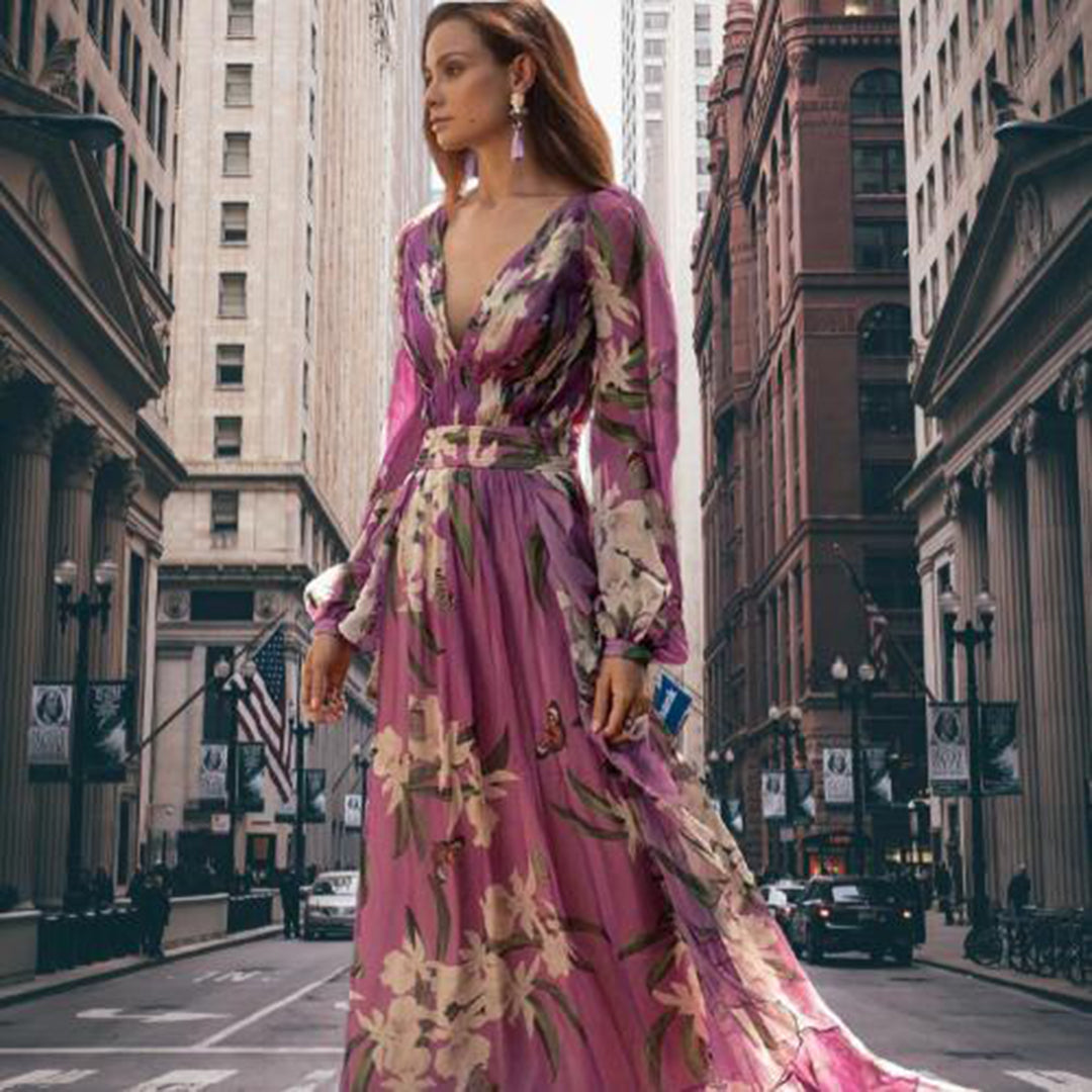 Lily Butterfly Print Plunging V-Neck Bishop Sleeve Belted Maxi Dress