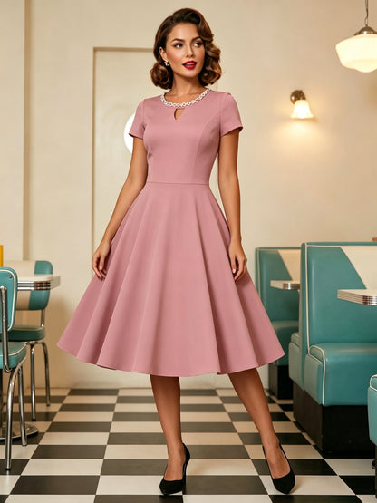 Vintage 1950s Swing Cocktail Dress Short Sleeve Women Retro Dress